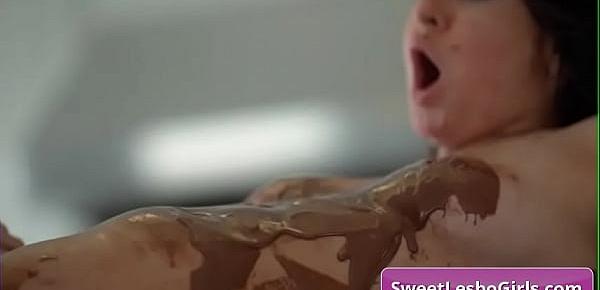  Teen naughty lesbian girls Serena Blair, Leda Lotharia covered in chocolate finger fuck and eat pussy on the kitchen counter
